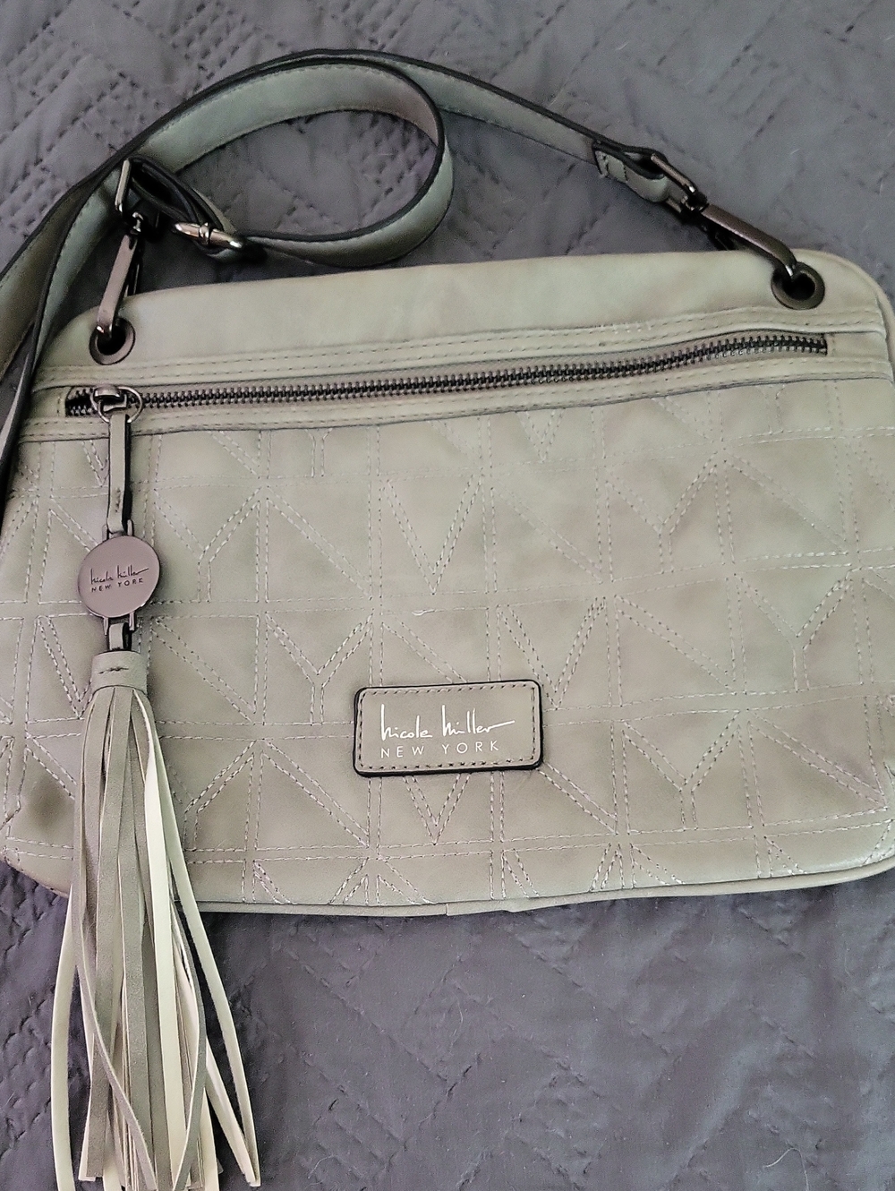 Nicole Miller Light Gray Quilted Tassel Crossbody Bag